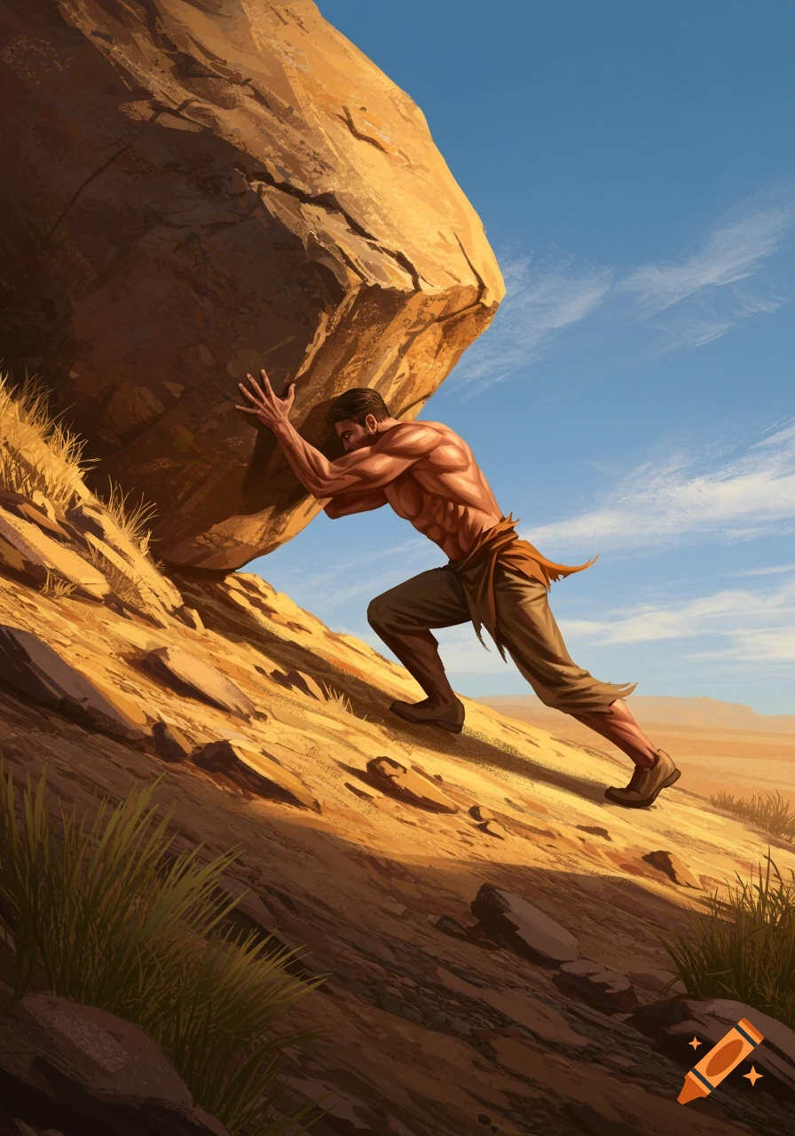 Muscular man pushing a massive boulder up a steep desert hill under a clear sky, digital painting.