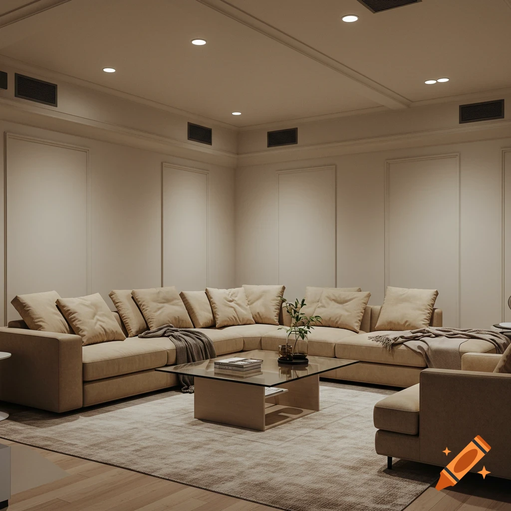 Photorealistic image of a modern lounge room with a large L-shaped sectional sofa, glass coffee table, and recessed ceiling lights.