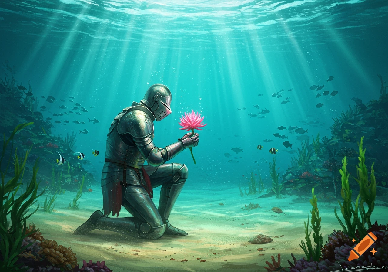 A lone knight in shining armor kneels on the ocean floor, holding a vibrant pink lotus flower, with light rays piercing the turquoise water.