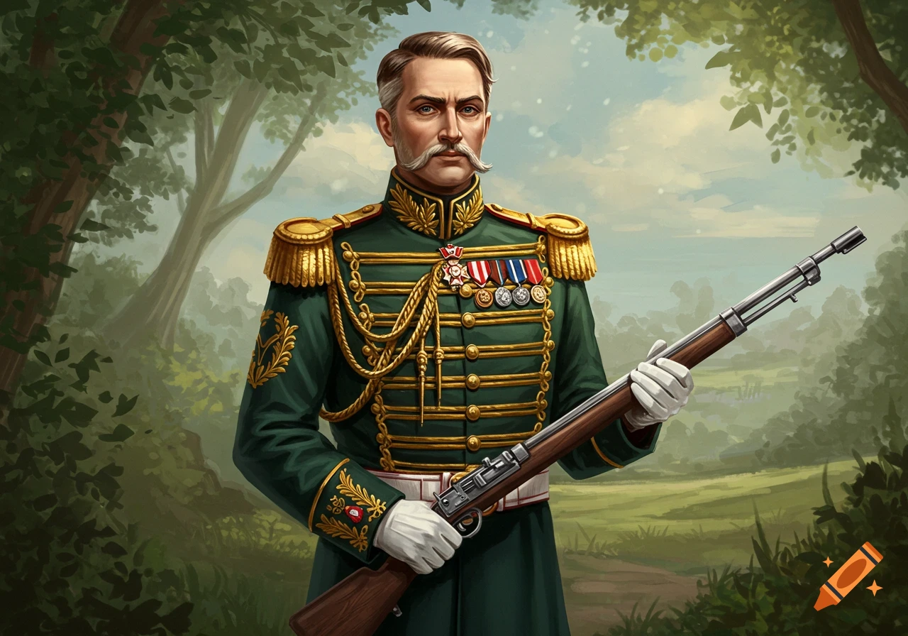 A stern man with a mustache in a green military uniform with gold trim and medals holds a rifle in a forest setting.