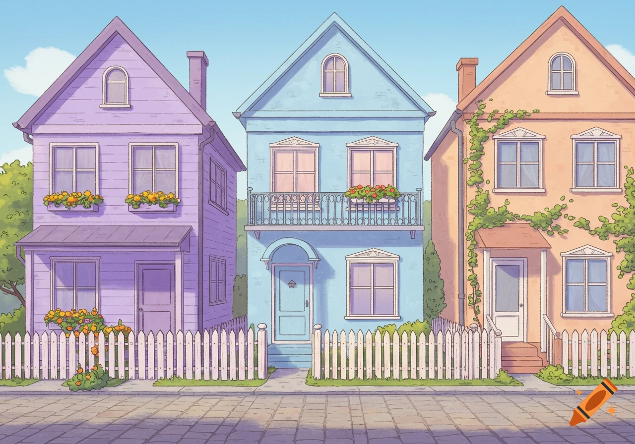 Three pastel colored houses with a white picket fence on a sidewalk, under a clear blue sky, in a cartoon illustration style.