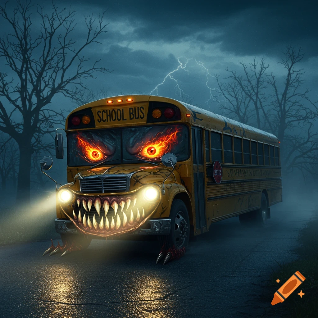An evil, monster-like yellow school bus with glowing red eyes, sharp teeth, and clawed feet drives down a dark road under a stormy sky with lightning.