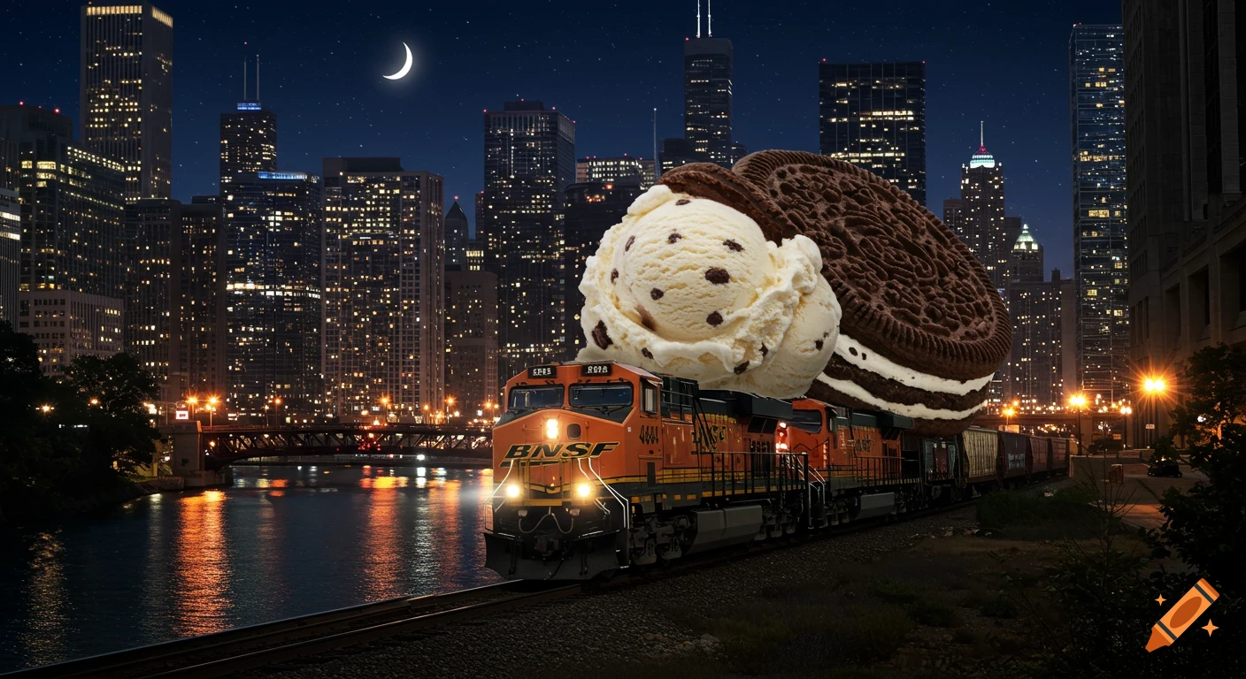 A BNSF freight train pulls a giant ice cream sandwich through a city at night, with illuminated skyscrapers and a crescent moon.