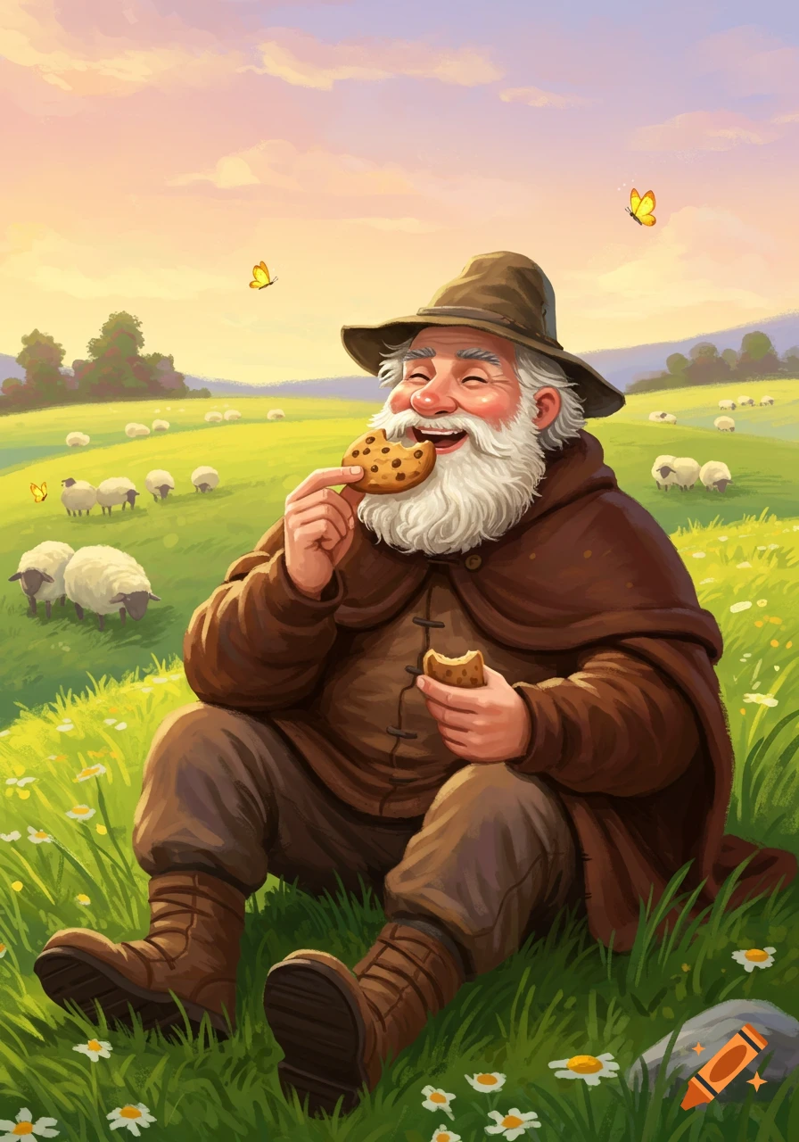 A joyful old man with a beard and hat sits in a field of sheep and flowers, happily eating a cookie, in a vibrant illustration.
