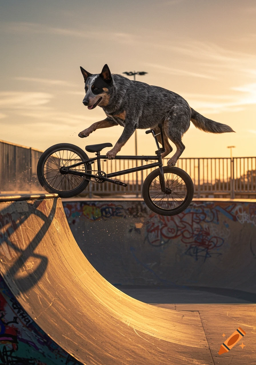 Photorealistic image of an Australian Cattle Dog performing a trick on a BMX bike over a skate park ramp at sunset.