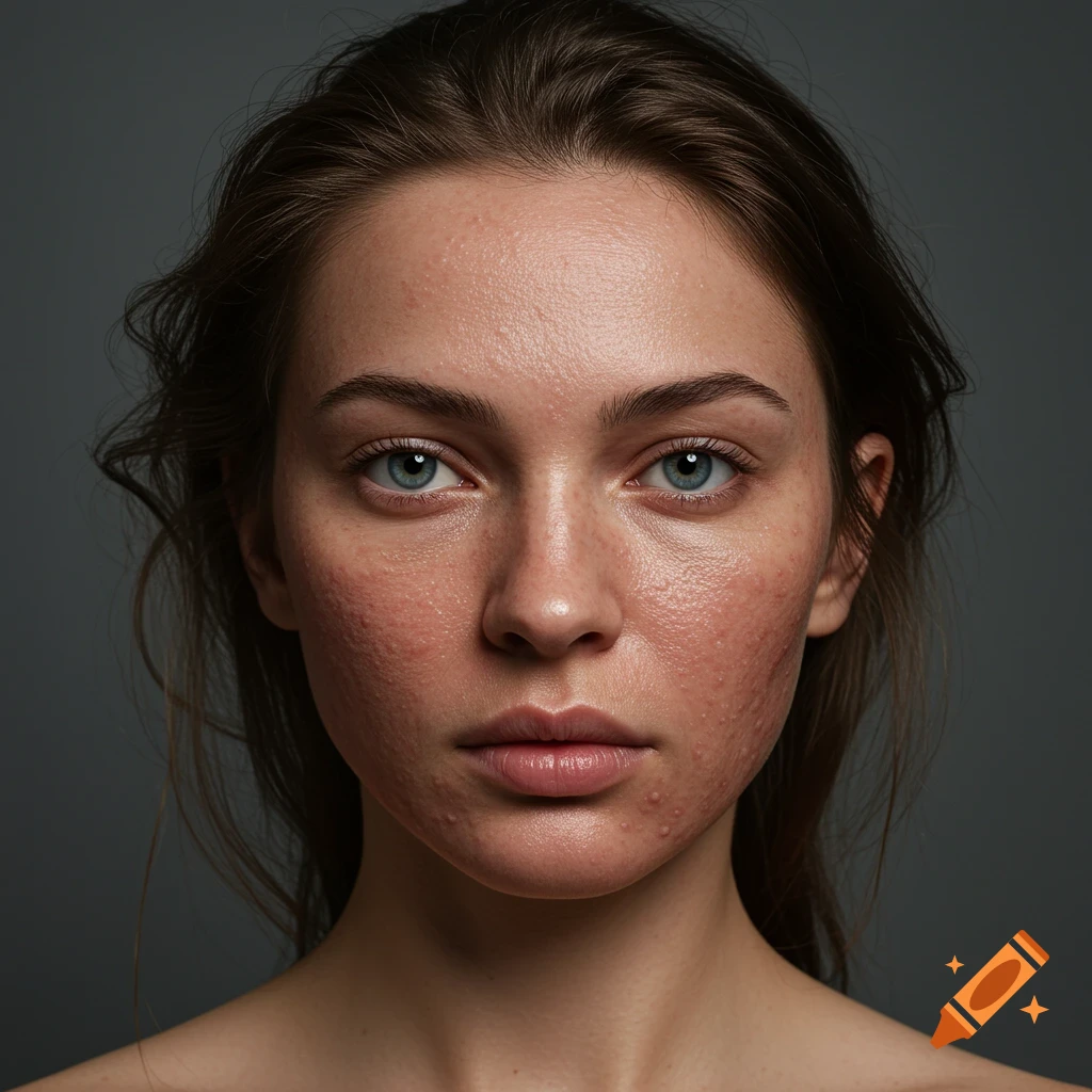 Photorealistic close-up portrait of a young woman with textured, irritated skin and blue eyes.