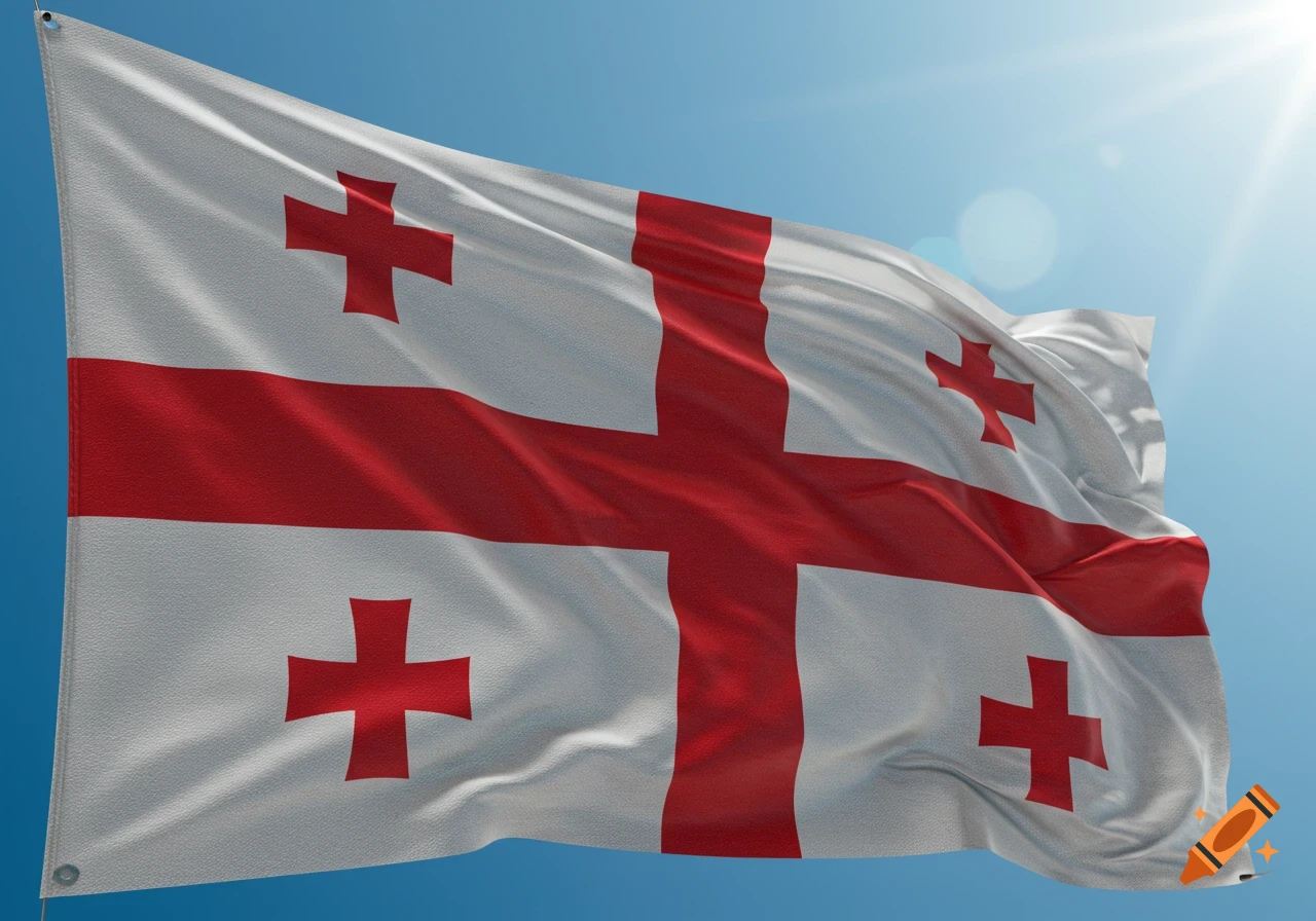 A white flag with a large red cross extending to the edges and four smaller red crosses in each quadrant, waving against a bright blue sky with sun glare.