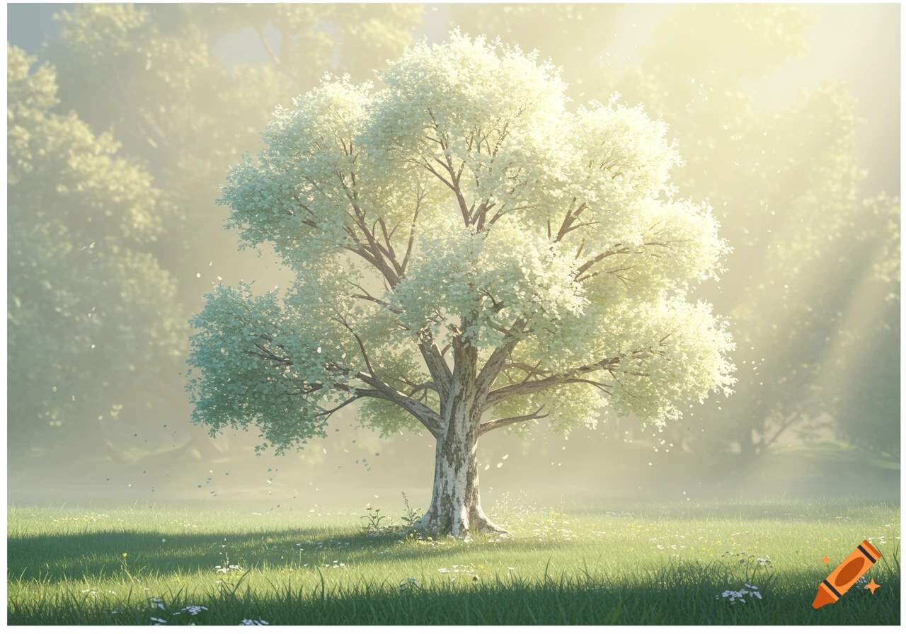 A majestic pale oak tree with light leaves stands in a sun-drenched, misty green meadow with wildflowers.