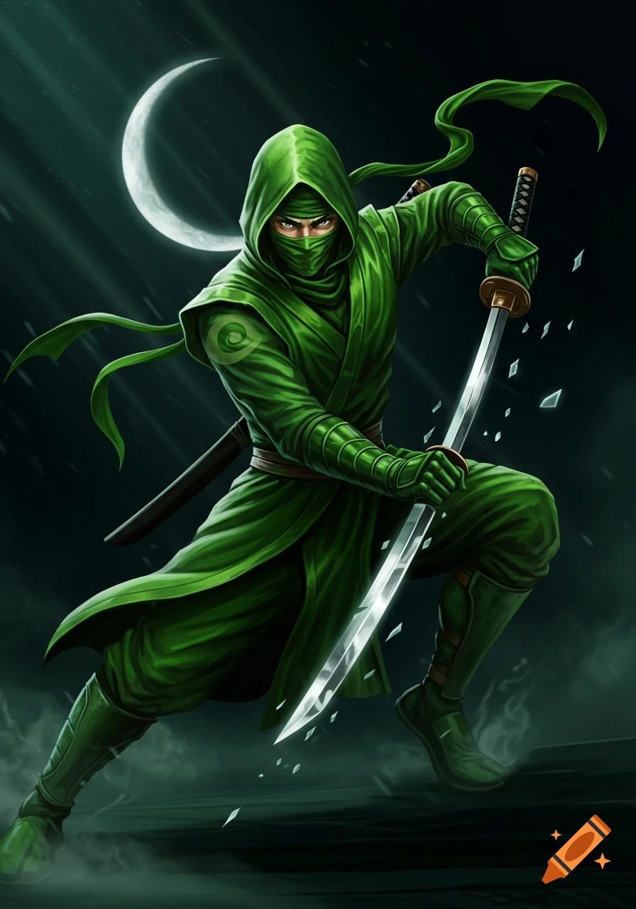 A green-clad ninja in a dynamic pose, holding a gleaming sword, with a crescent moon in a dark background.