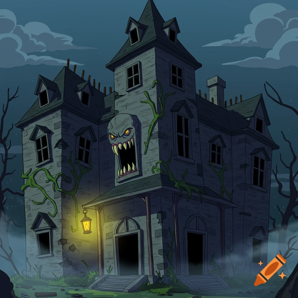 A cartoon scary haunted mansion at night with a monstrous face, glowing eyes, and green vines on its walls.