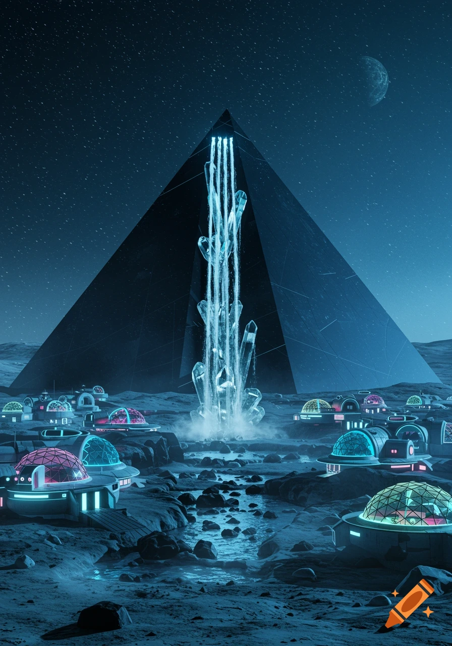 Futuristic pyramid with glowing waterfalls and a neon-lit sci-fi village on a moon landscape under a starry sky.