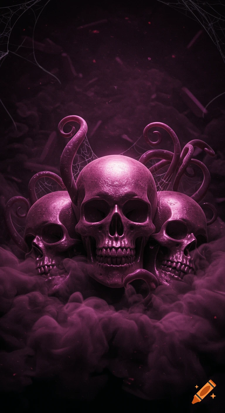 Three purple skulls emerge from dark purple smoke with tentacles and spiderwebs in a dark fantasy style.