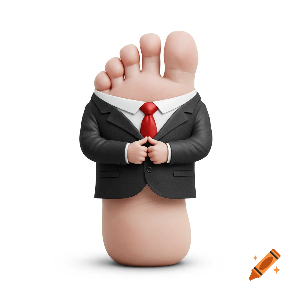 A 3D render of a cartoon foot wearing a black suit and a red tie with its hands folded on a white background.
