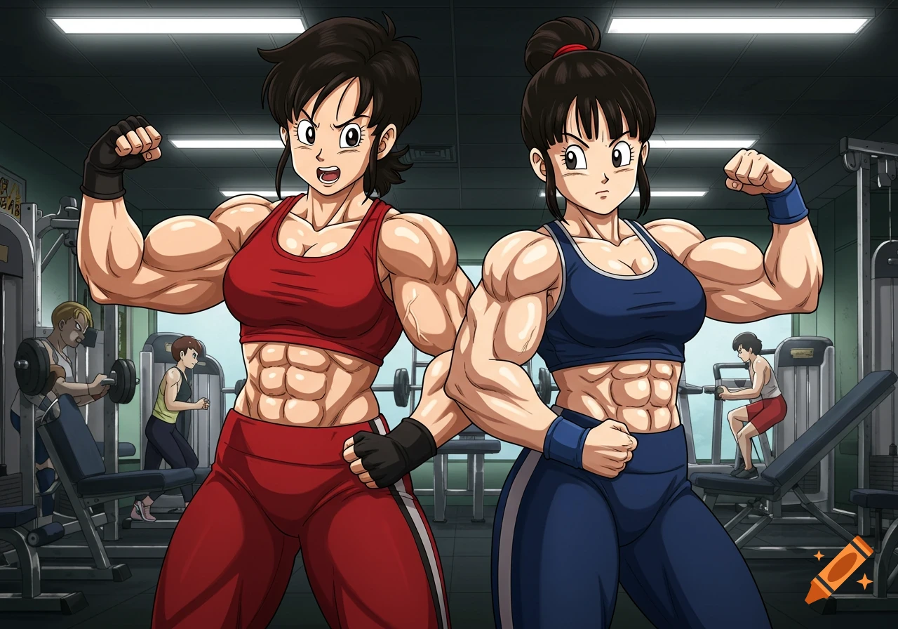 Two muscular anime women, one in red and one in blue, flex their biceps in a gym.