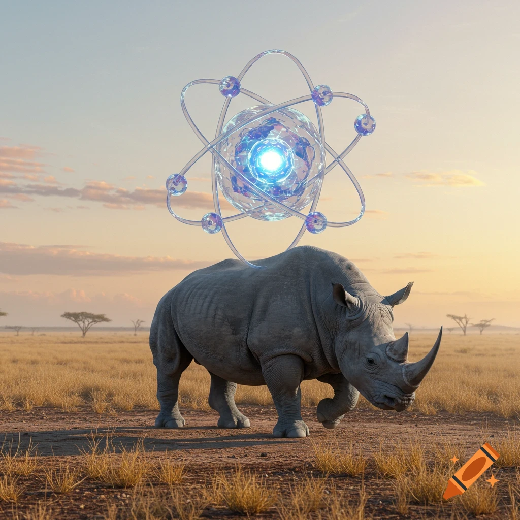 A photorealistic rhinoceros walks through a savanna landscape with a large, glowing atomic symbol floating above its back under a sunset sky.