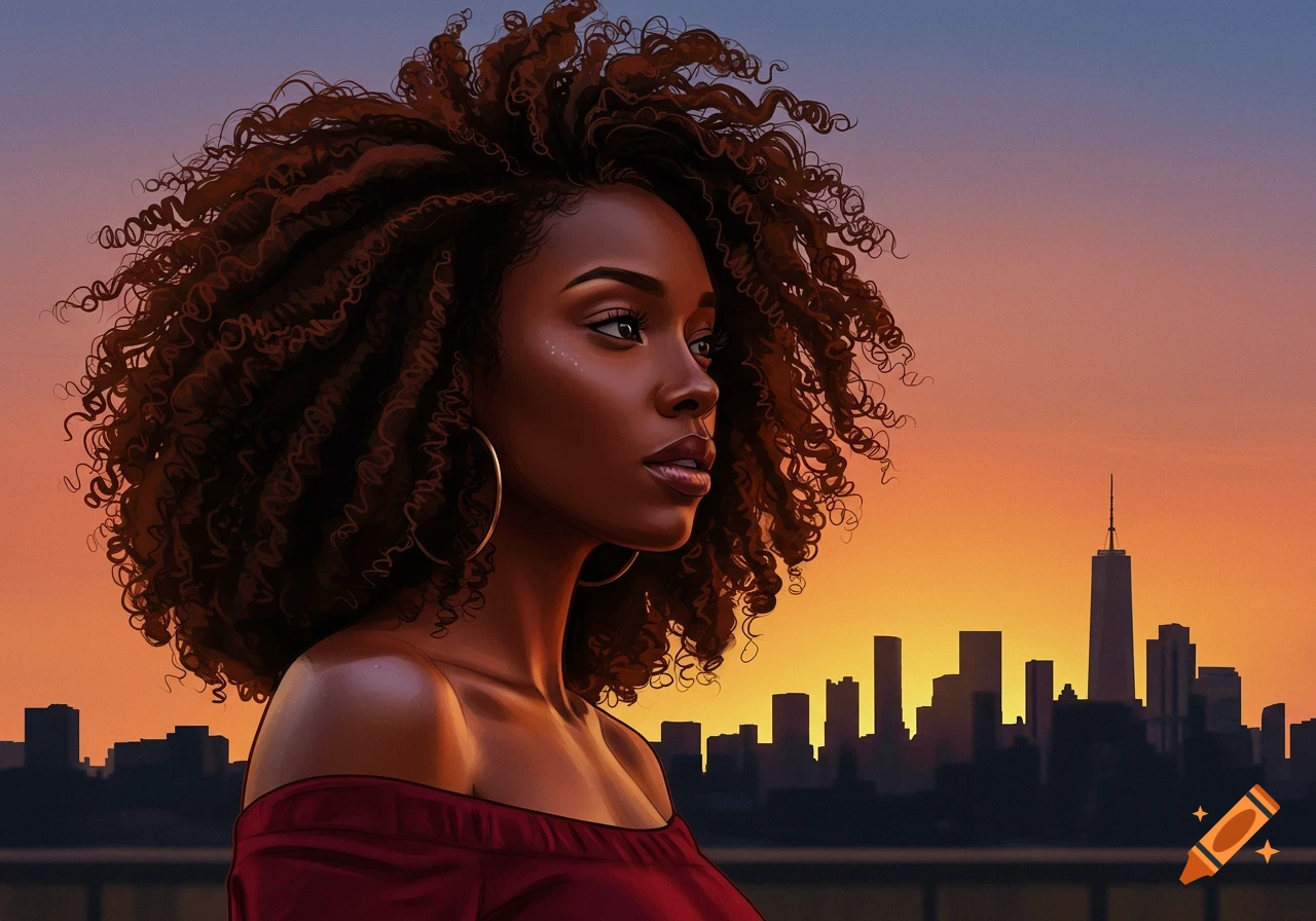 A Black woman with curly hair looks into the distance against a vibrant sunset and city skyline.