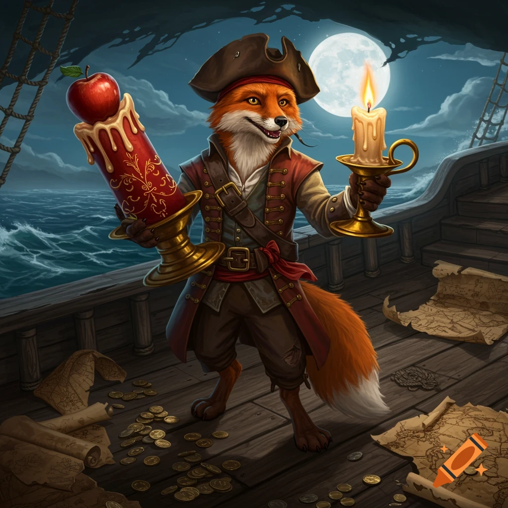 An anthropomorphic pirate fox on a ship deck at night, holding a red candelabra with an apple and a lit candle.