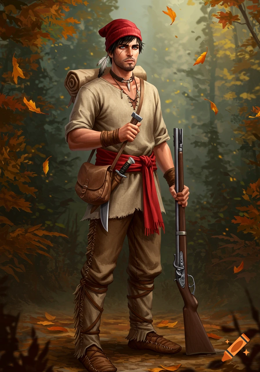 A rugged young voyageur in a red beanie, linen tunic, and moccasins stands in an autumn forest, holding a flintlock rifle and a tomahawk.