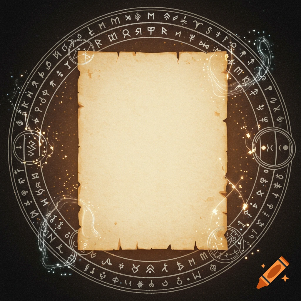 A blank parchment scroll on a dark background, encircled by a glowing magic circle with intricate symbols and ethereal wisps.