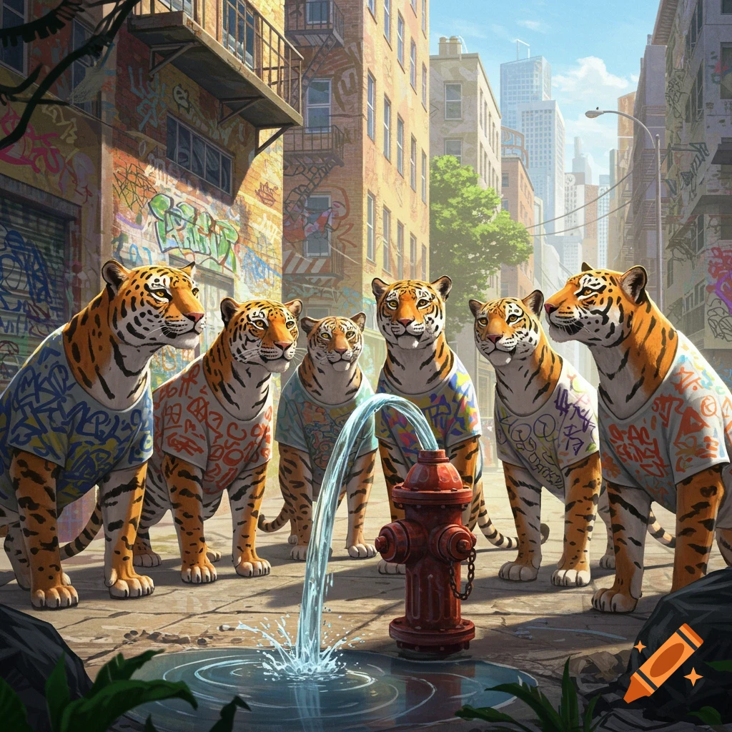 Five anthropomorphic tigers wearing colorful patterned t-shirts gather around a gushing fire hydrant on a graffiti-covered city street.