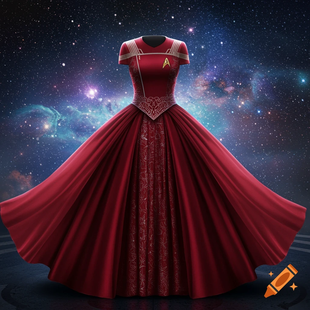 A red ball gown designed like a Star Trek uniform, featuring a Starfleet badge, against a vibrant starry space background.
