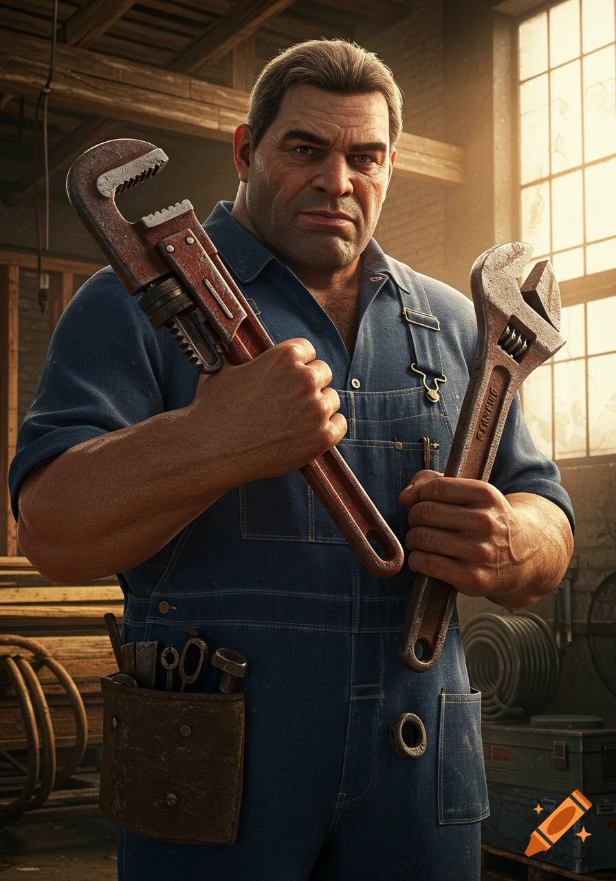 A strong, determined man in a blue plumber's uniform holds a large, weathered pipe wrench and an adjustable wrench in a workshop.