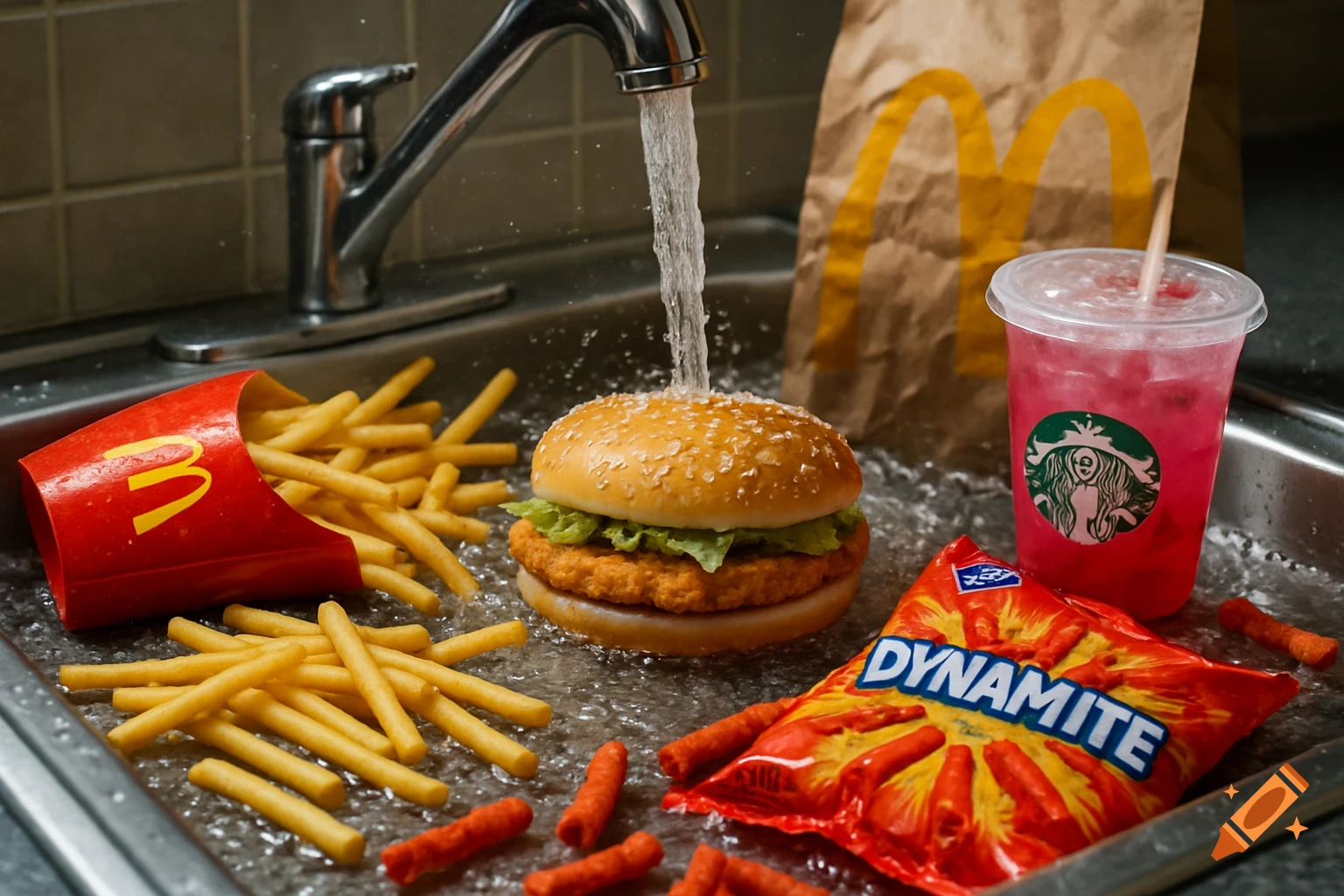 Photorealistic scene of McDonald's burger and fries, a Starbucks drink, and Dynamite chips in a kitchen sink with water pouring on the food.