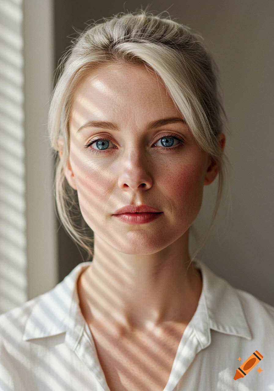 Close-up photorealistic portrait of a blonde woman with blue eyes, illuminated by blinds creating striped shadows on her face.