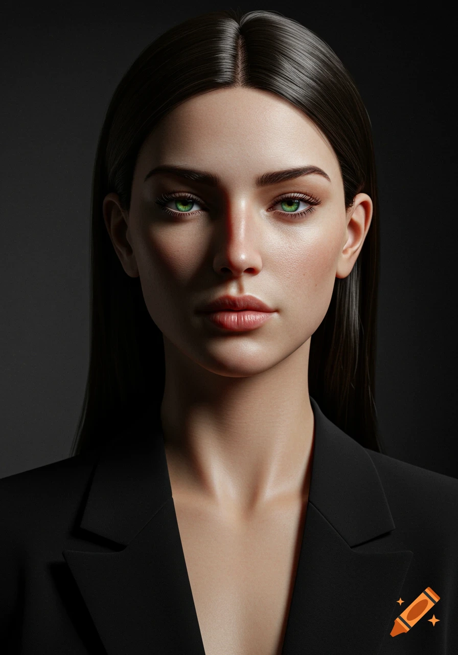 Photorealistic portrait of a woman with dark hair and striking green eyes, wearing a black blazer.