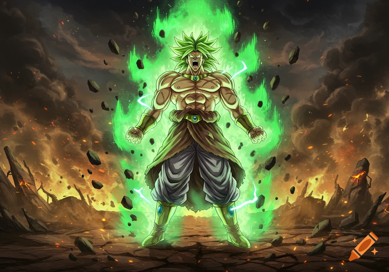 A powerful anime character with green spiky hair and a glowing green aura stands enraged in a destroyed, fiery landscape with floating rocks.
