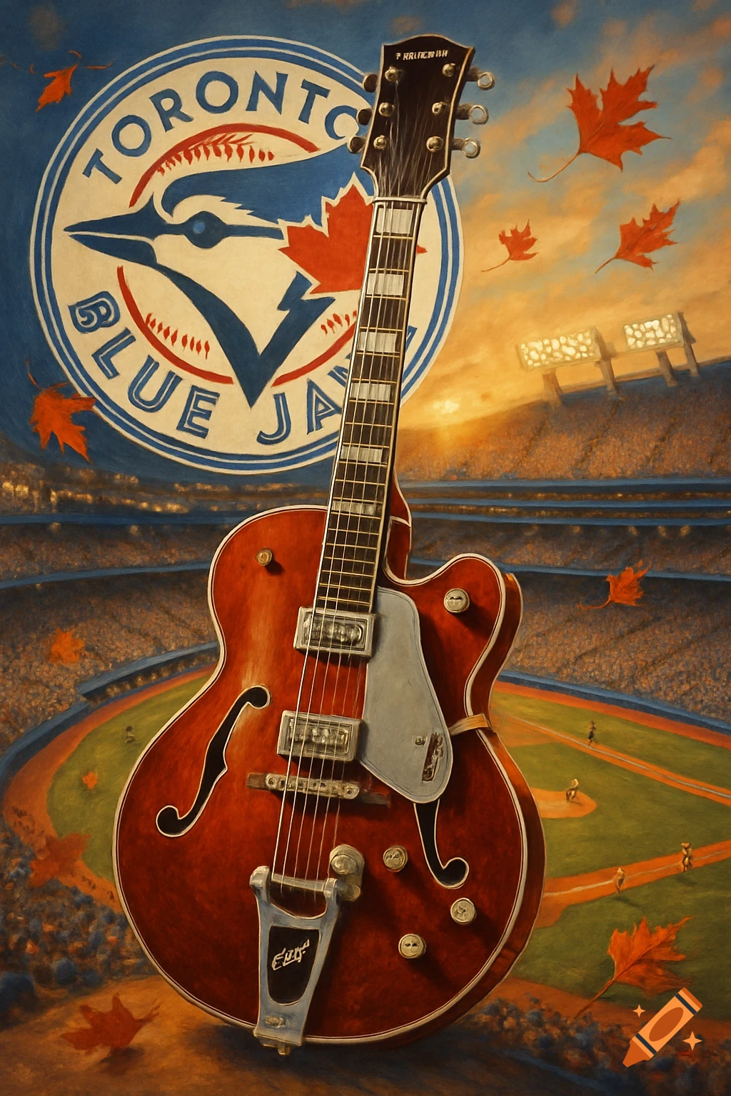 A close-up of a red Gretsch-style guitar in front of a baseball stadium and the Toronto Blue Jays logo with autumn leaves.