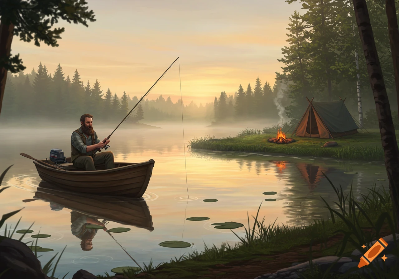 A bearded man fishes from a wooden boat on a misty lake at sunrise, with a campfire and tent on the shore.