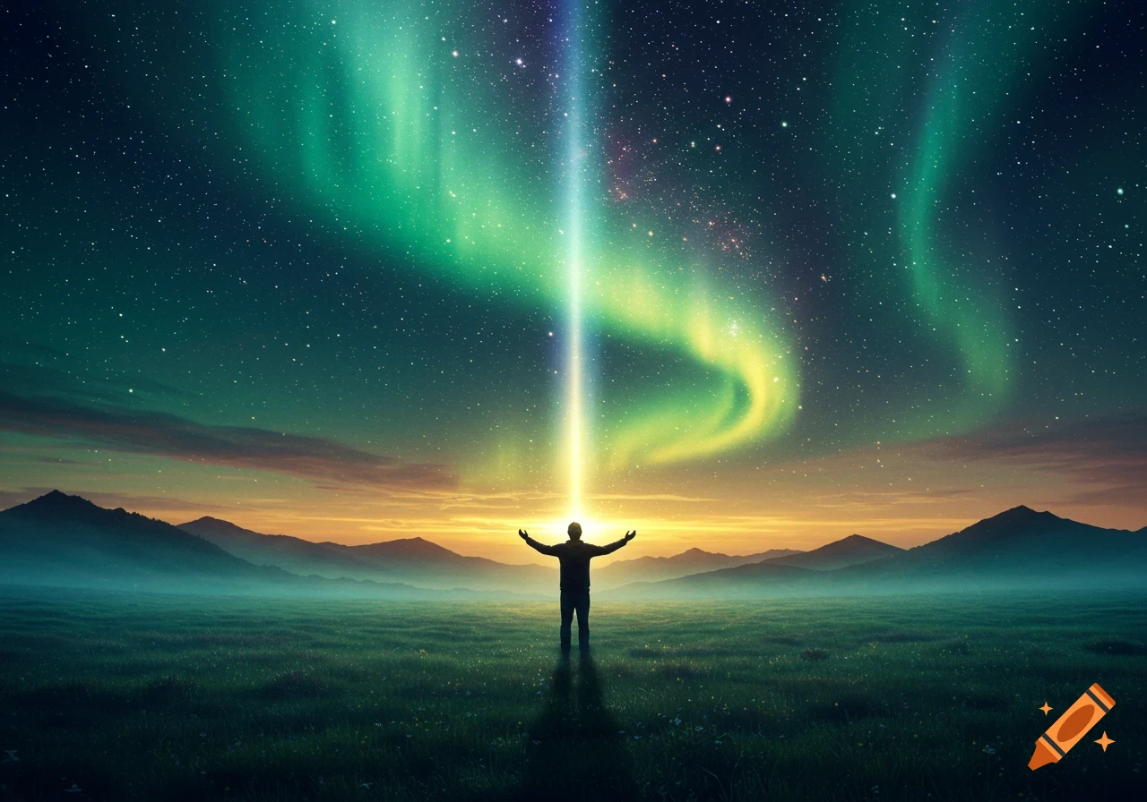 A person stands in a field with arms raised, illuminated by a light beam under a vibrant green aurora borealis night sky.