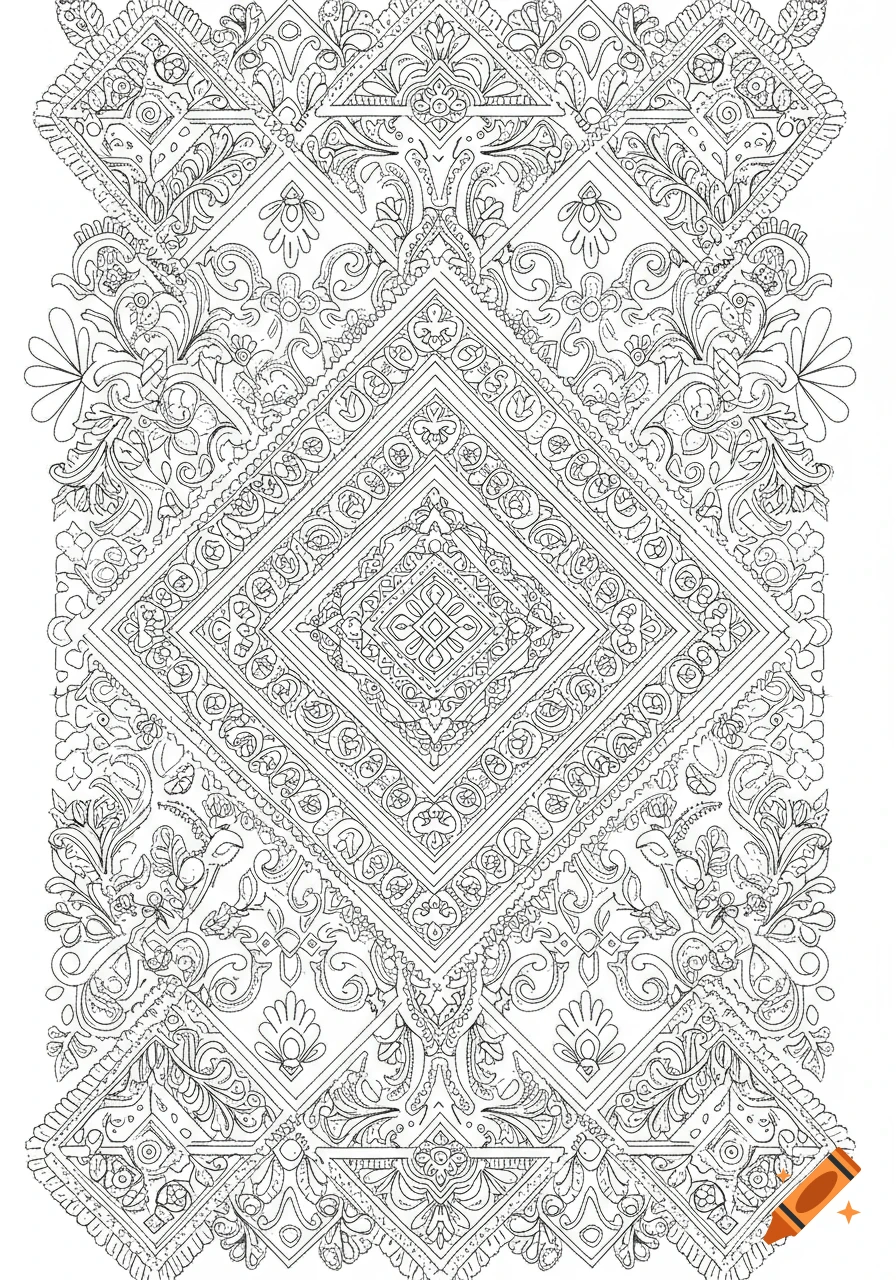Detailed black and white Tatreez embroidery pattern in a coloring book style.