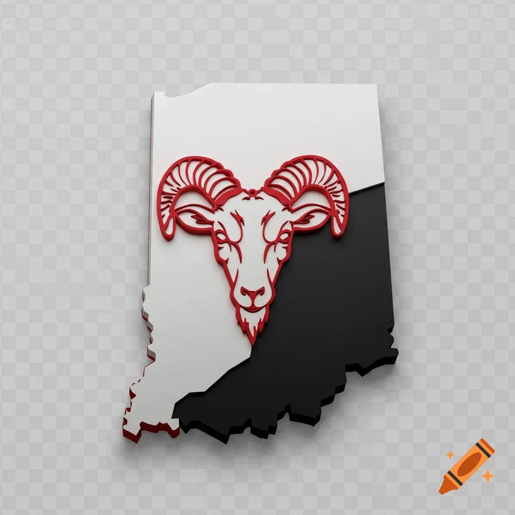 3D logo of Indiana state outline, split white and black, with a red ram's head in the center.
