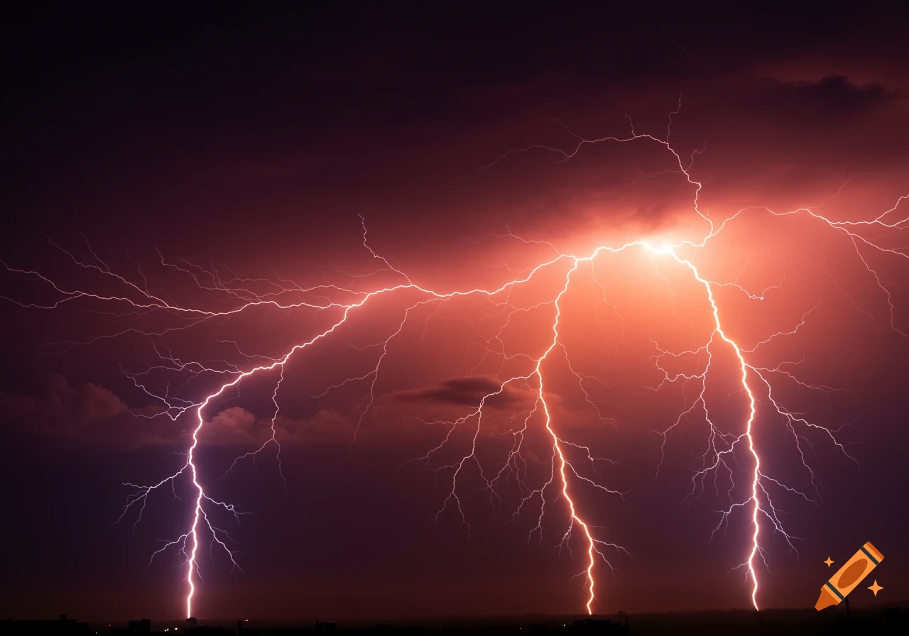 Multiple lightning bolts illuminate a dark red and orange sky during a thunderstorm.
