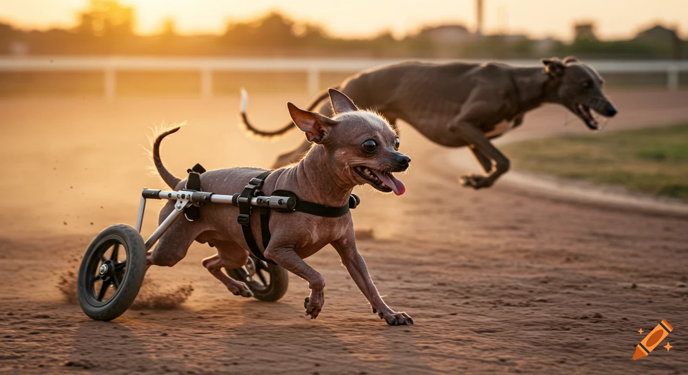 A hairless chihuahua in a wheelchair races a greyhound on a dirt track at sunset, photorealistic.