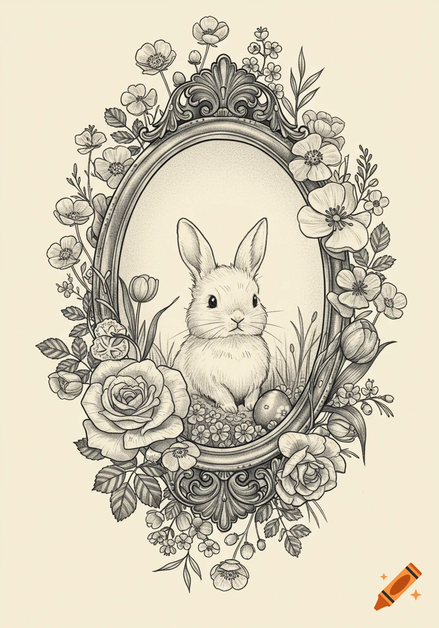 Black and white gothic illustration of a fluffy bunny inside an ornate oval frame, surrounded by roses and wildflowers.