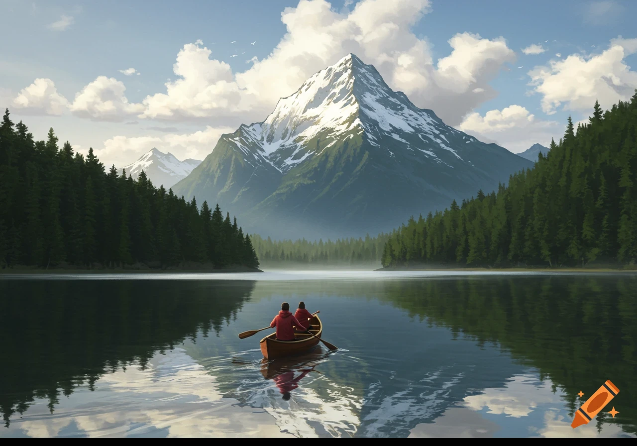 Two people in a canoe on a calm lake surrounded by dense forests, with a large snow-capped mountain reflecting in the water under a cloudy sky. Scenic.