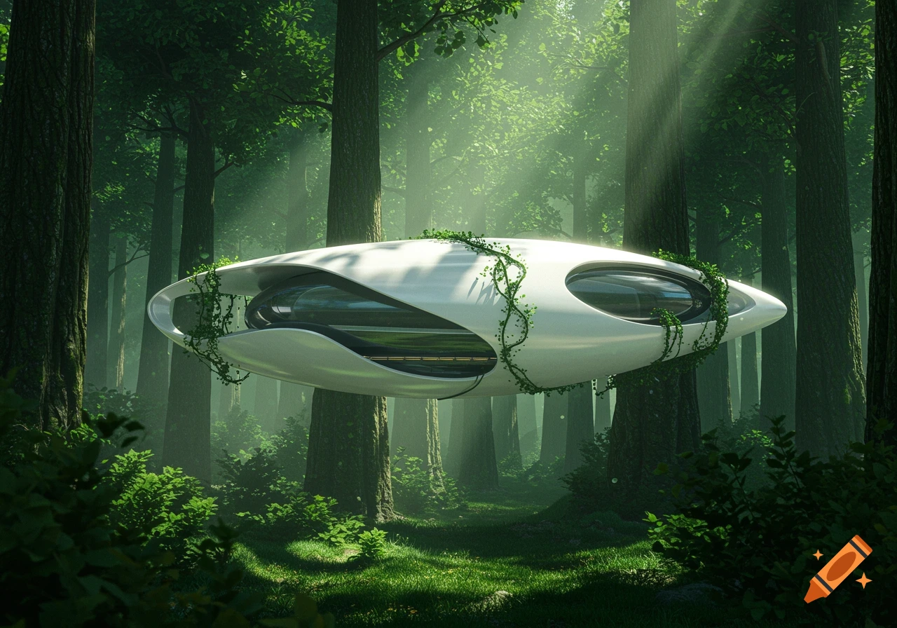 A sleek, white, futuristic floating structure overgrown with green vines in a vibrant, sunlit forest.