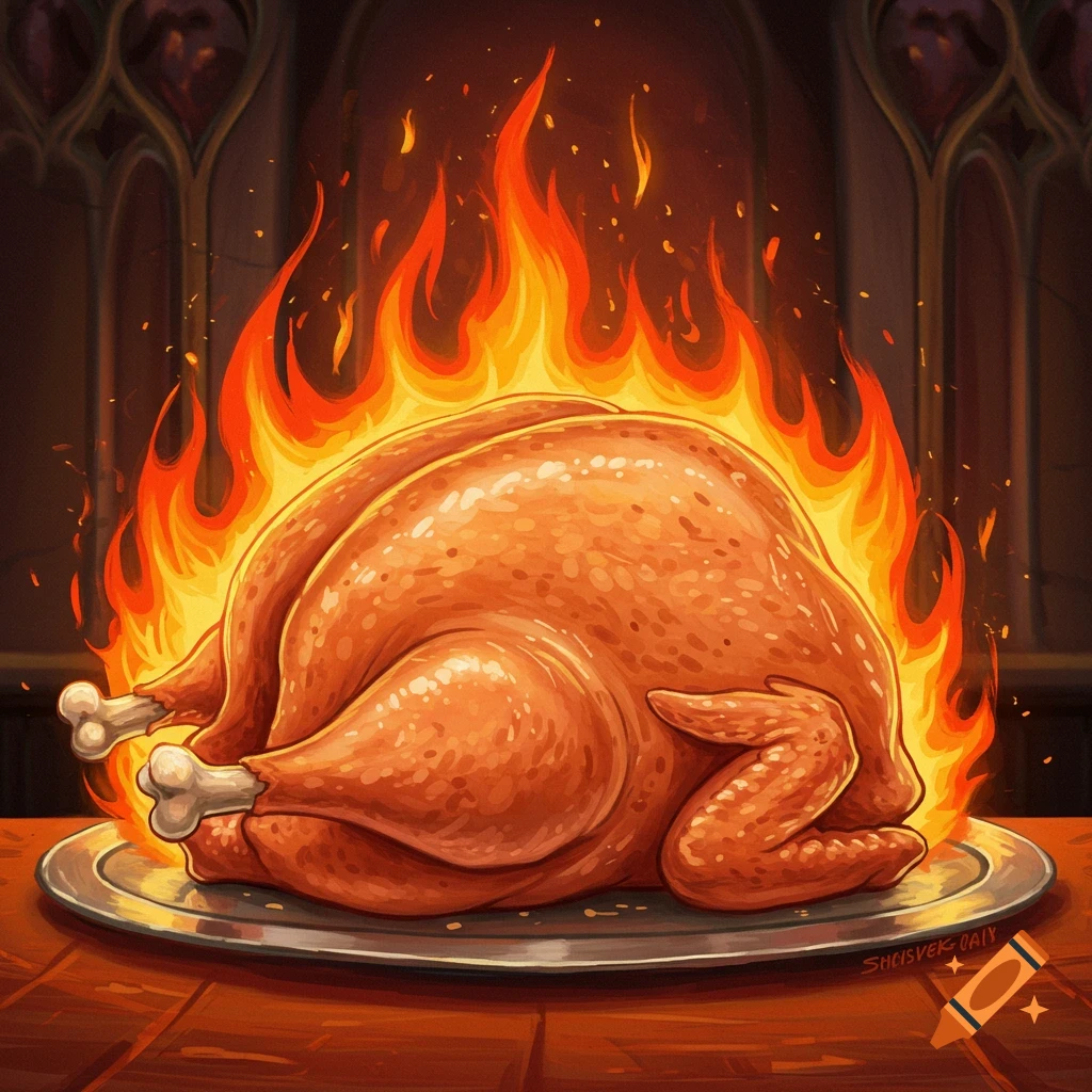 A cartoon roasted turkey on a silver platter, engulfed in large, stylized orange and yellow flames, on a wooden table with a dark, gothic background.