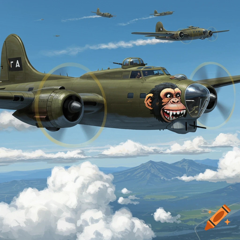 An illustration of a WWII bomber with a monkey face on its nose, flying in a squadron over mountains.