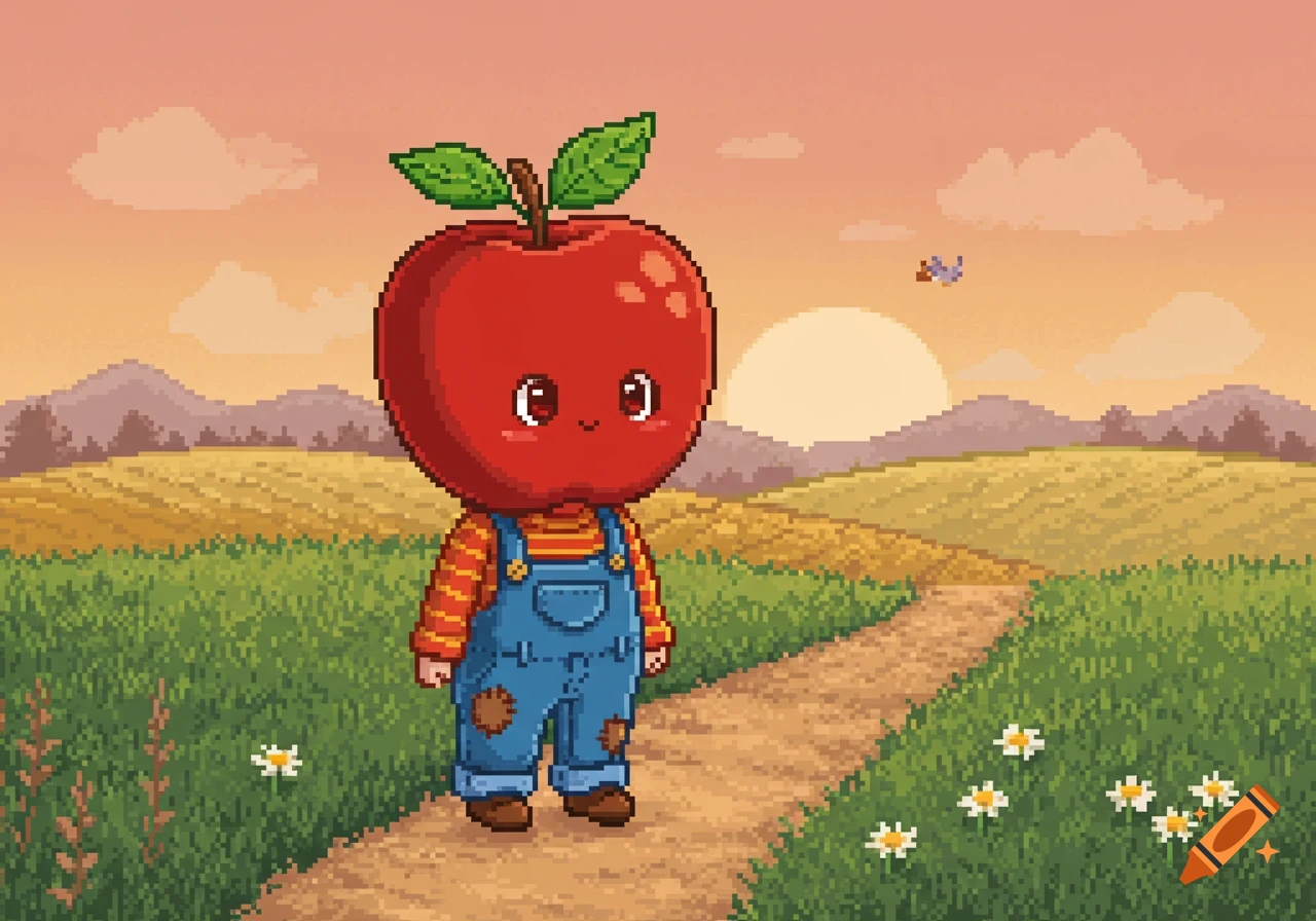 A cute pixel art apple-headed character in overalls stands on a path in a field at sunset.