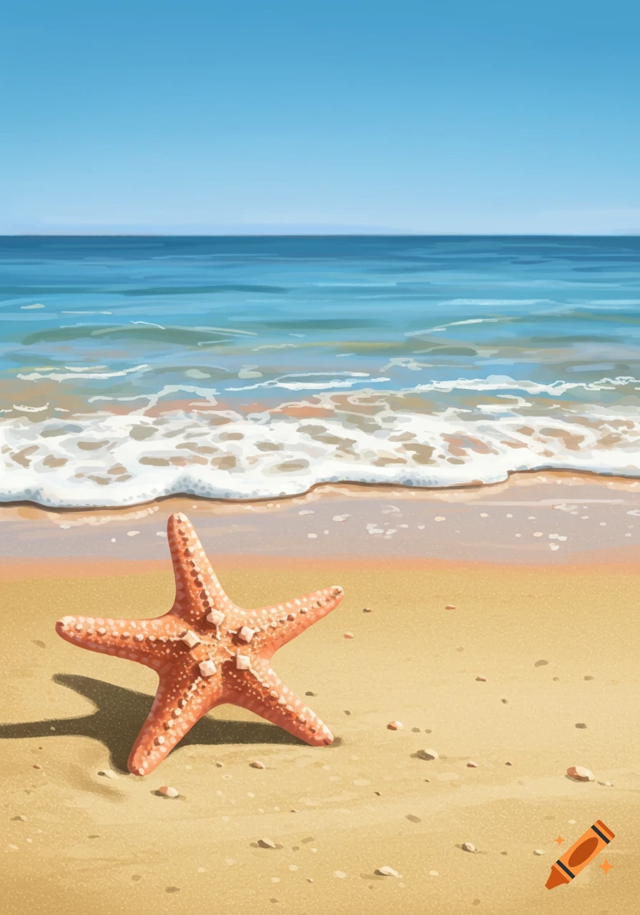 Orange starfish on a sunny sandy beach with blue ocean waves and a clear sky.