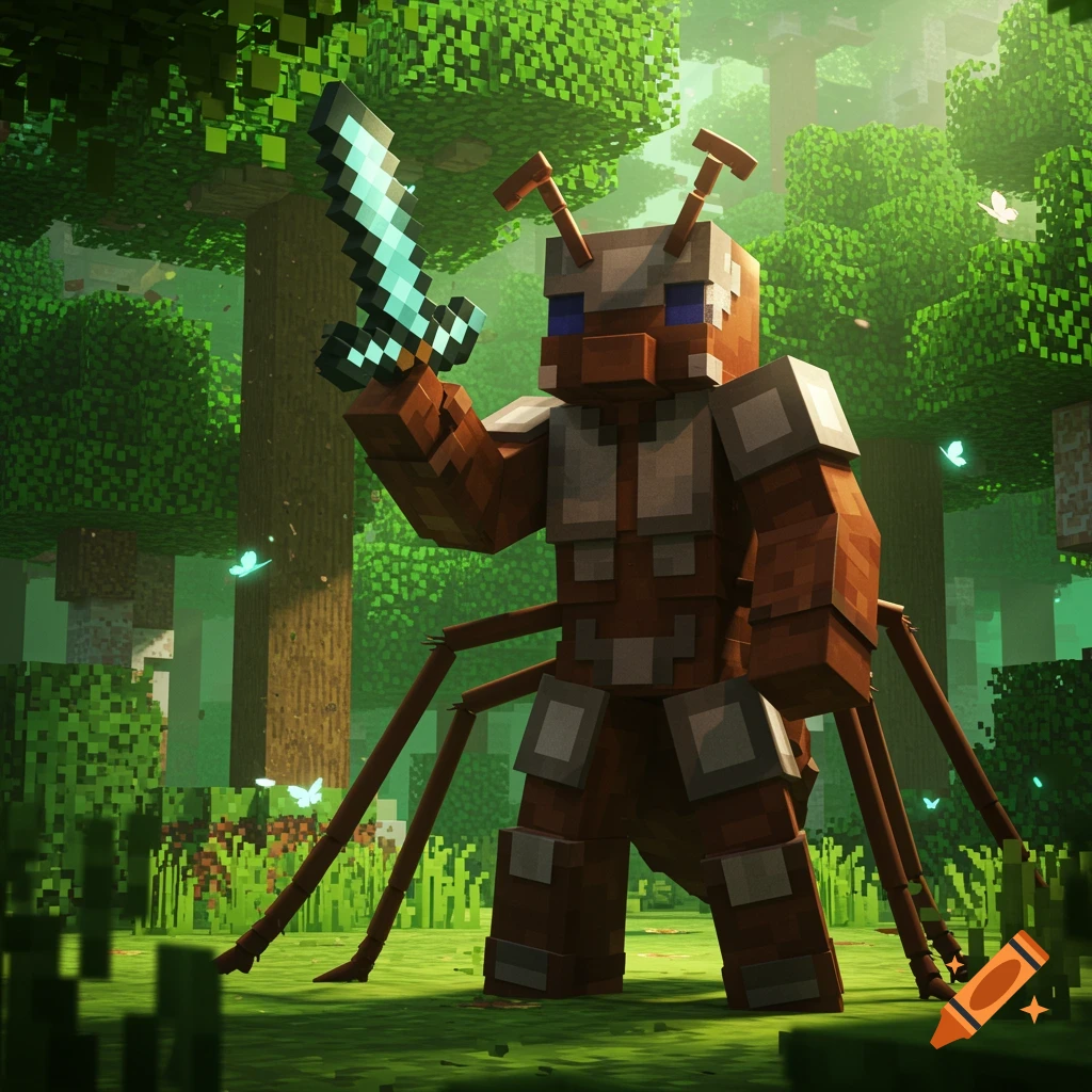 A Minecraft ant character wearing medieval armor holds a sword in a lush, green forest.