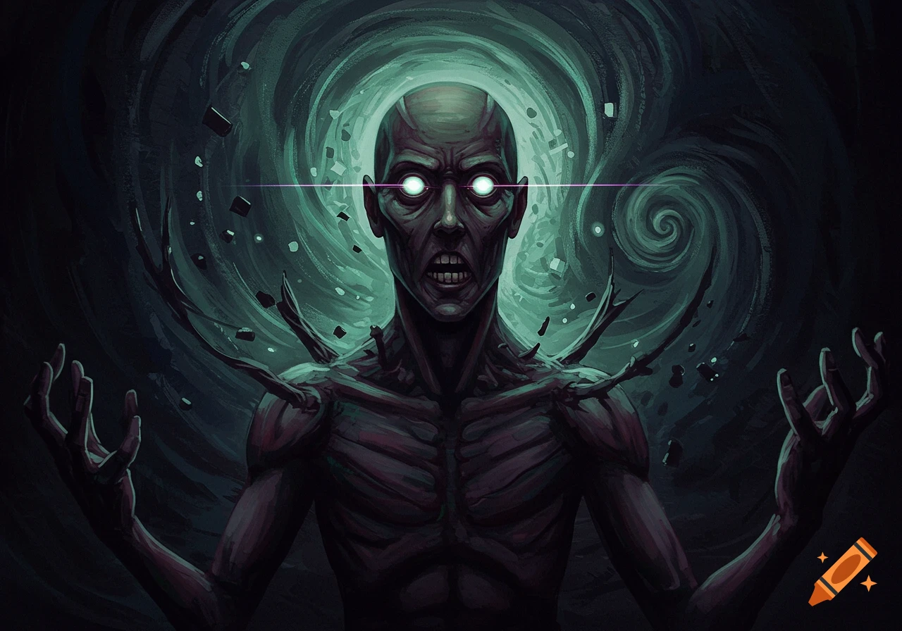 A skeletal, green-skinned monstrous figure with glowing white eyes and branch-like growths on its shoulders, standing against a dark, swirling green vortex background.