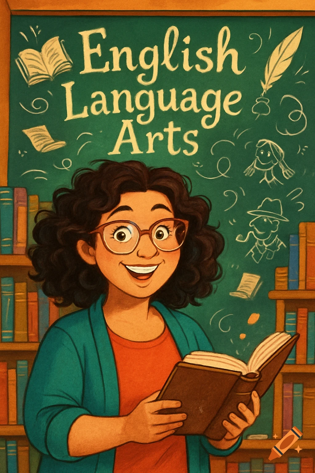 A smiling cartoon teacher with curly hair and glasses holds a book in a library setting, with "English Language Arts" on a chalkboard.