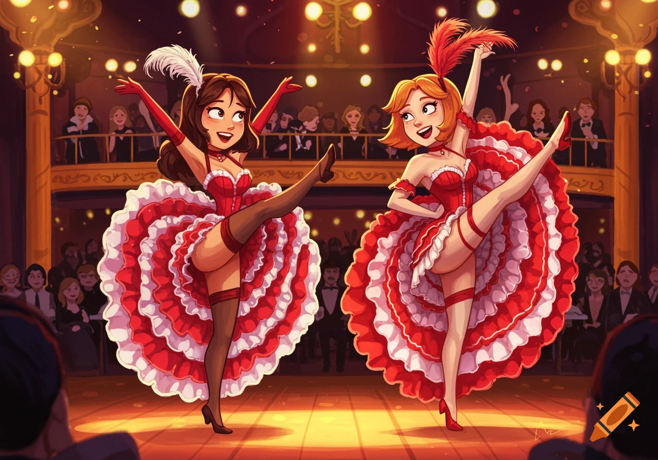 Two cartoon women in red and white can-can dresses dance on a brightly lit stage with an audience.