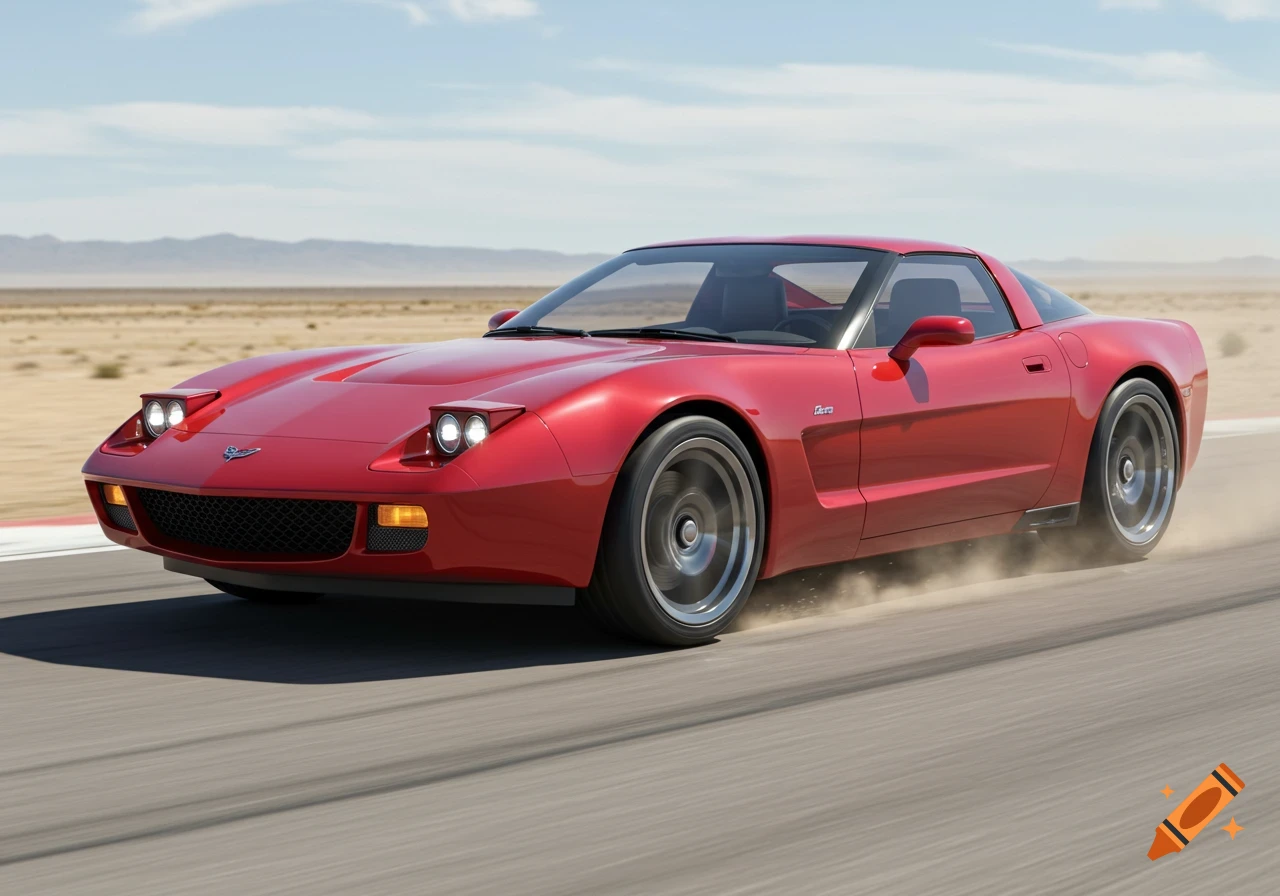 A red custom sports car drives on a desert road, kicking up dust.