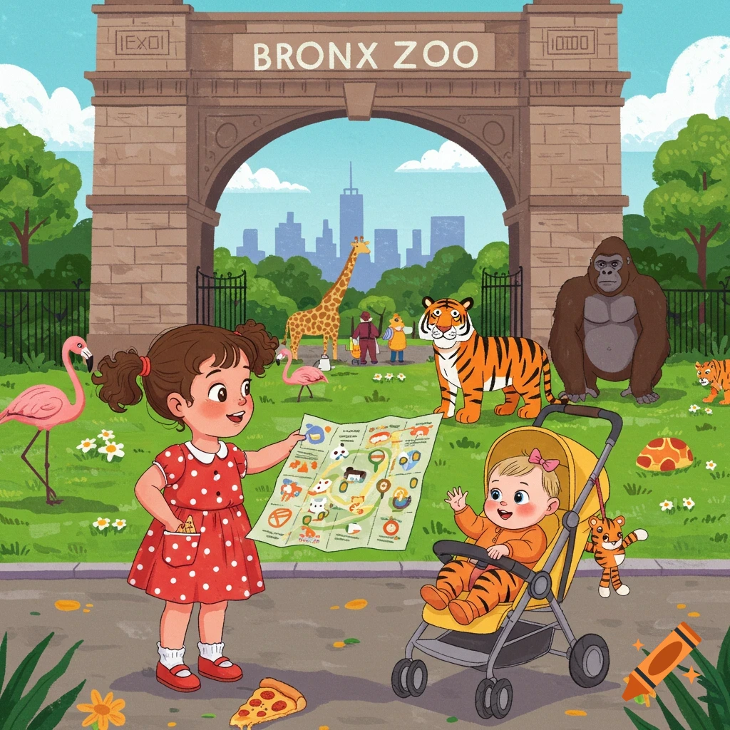 A cartoon illustration of a young girl holding a map and a baby in a stroller at the Bronx Zoo entrance, with animals like flamingos, a tiger, and a gorilla in the background.